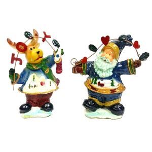 Vintage Christmas Santa and Deer Hand Painted Table Top Figures Set of 2